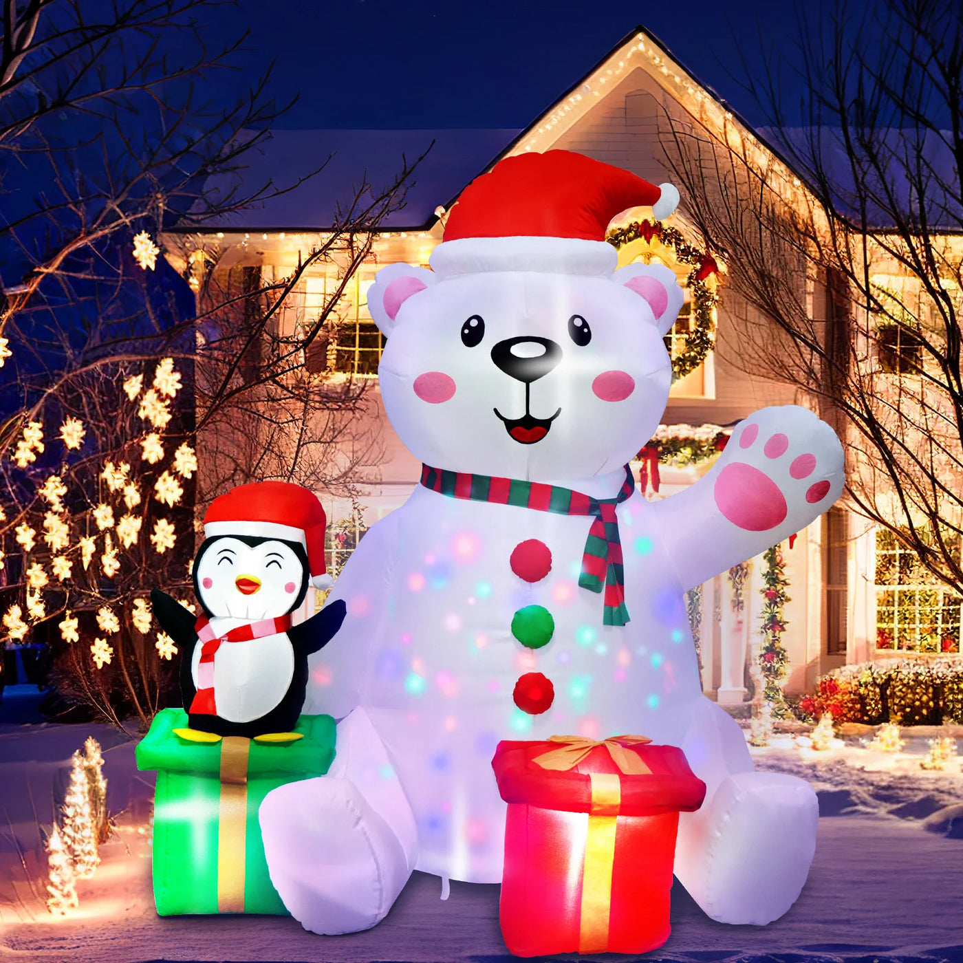 Inflatable Polar Bear with Penguin & LED Lights